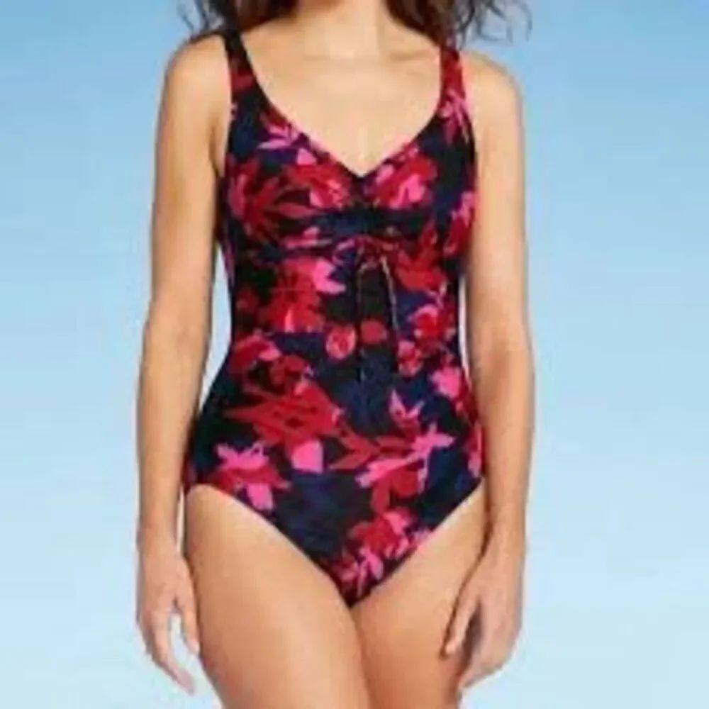Aqua Green Size M Cinch Front One Piece Swimsuit Blue Pink Tropical Leaf Floral